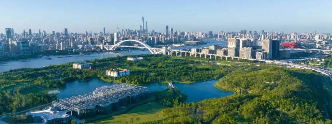 世博文化公園の湖の上にそびえる双子山と、その向こうの陸家嘴スカイラインのイラスト