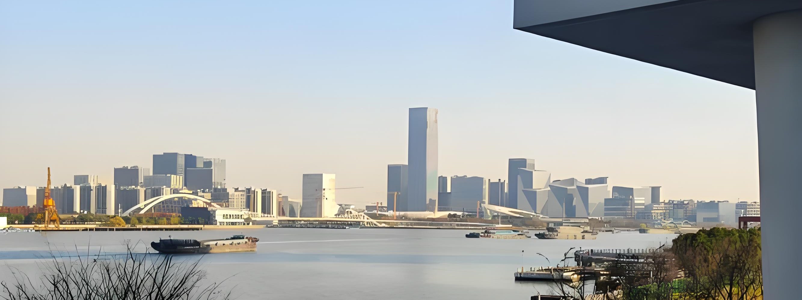 産業建築とその向こうのスカイラインが描かれた黄浦江沿いの都市景観のイラスト